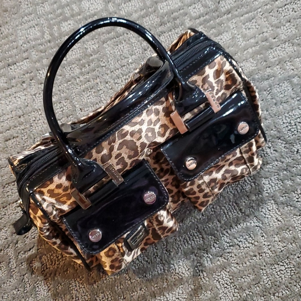Guess Leopard and Black Patent Small Duffle Purse